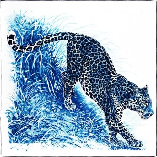 POBING Manual Hand Rolled Twill Silk Scarf Women Forest Leopard Square Scarves Echarpes Foulards Femme Wrap Bandana Hijab 90CM