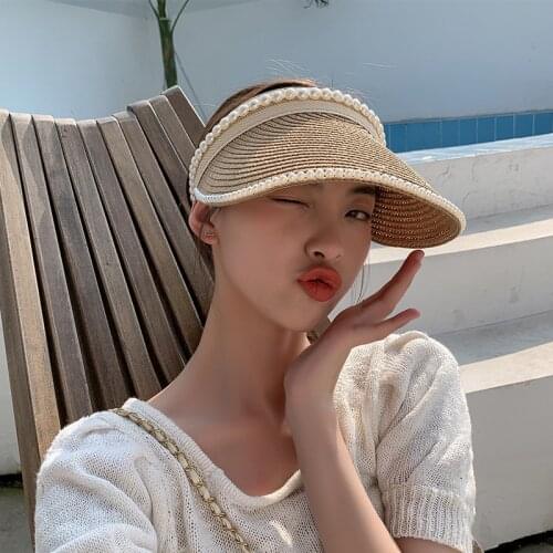 Pearl Empty Top Straw Hats for Women Casual Summer Beach Visor Caps Wide Large Brim Sun Protection Outdoor Sports Caps
