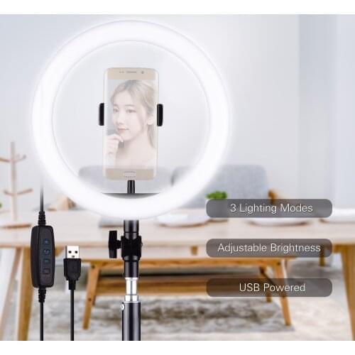 26cm/10inch LED Ring Light Photography Fill-in Lamp 3 Lighting Modes Dimmable USB Powered with Tripod Light Stand for Live Video