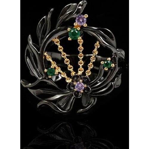 Unique shape new design silver inlaid colorful crystal geometric flower black ring neo-gothic exquisite ladies jewelry