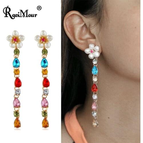 Fashion Colorful Glass Simulated Pearl Flower Dangle Drop Earrings For Women Jewelry Chic Statement Long Earing Accesorios Mujer