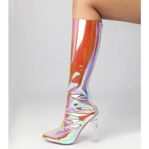 Women Laser PVC Knee Boots Pointed Toe Hoof Crystal High Heel Transparent Long Boots Female Zipper Boots