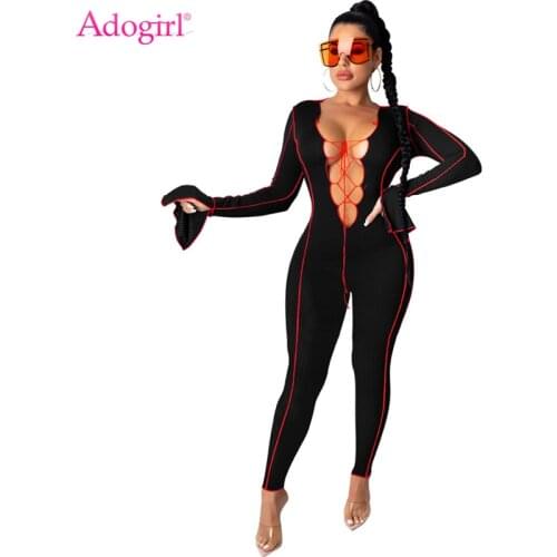 Adogirl Women Sexy Ribbed Jumpsuit Hollow Out Lace Up V Neck Long Flare Sleeve Skinny Romper Night Club Overall Casual Outfits