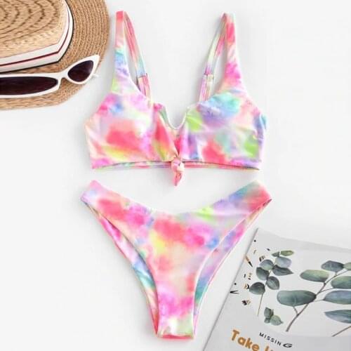 #H40 Women Sexy Bikini Set Tie Dye Print Lace Up High Cut Leg Halter Bikini Set Two Piece Swimsuit Swimwear Women Bathing Suit