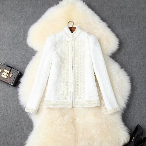 Fashion High End Women Jackets Solid Color Stand Collar Pearls Long Sleeve Open Stitch Woolen Coat Tops 2 Colors