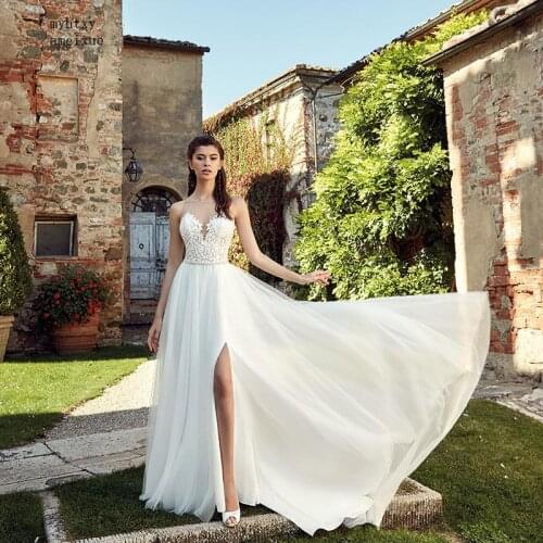 Elegant Tulle Beach Sexy Wedding Dress 2020 Plus Size Beads Side Split Lace Applique Vestido De Novia Custom Made Robe De Mariee