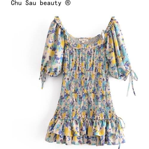 2021 Summer New Vintage Square Collar Elastic Waist Folds Lace-Up Lantern Sleeve Ruffles Dress For Women Vestido