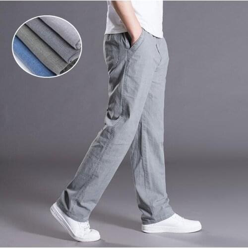 #2610 Summer Straight Cotton Linen Pants Men Plus Size 5XL Elastic Waist Loose Thin Casual Vintage Linen Trousers Full Length