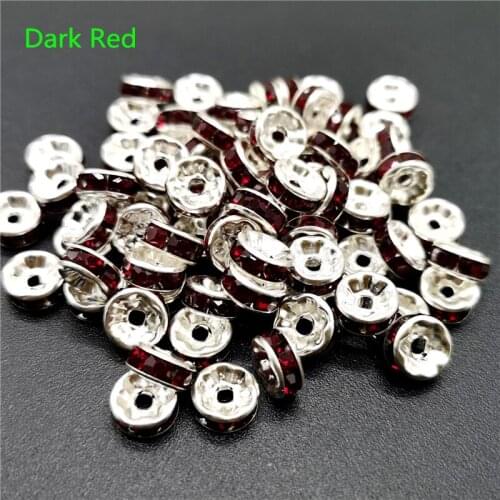 5/8/10mm 50pcs Dark Red Rhinestone Rondelles Loose Spacer Beads Metal Crystal Beads for Jewelry Making DIY Accessories