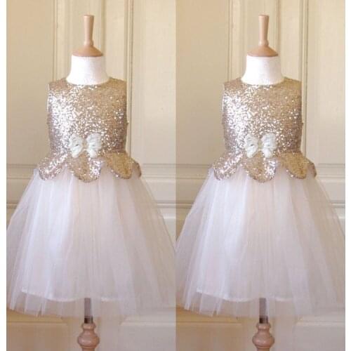 Shining Flower Girls Dress Scoop Ball Gown Floor Length Bow Accessory Sequins Organza Flower Girls Dress Little Girl Party Gowns