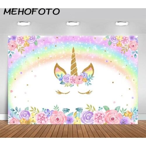 Rainbow Unicorn Backdrop Gold Unicorn Birthday Photography Backdrop Glitter Bubble Pastel Rainbow Floral Photo Background
