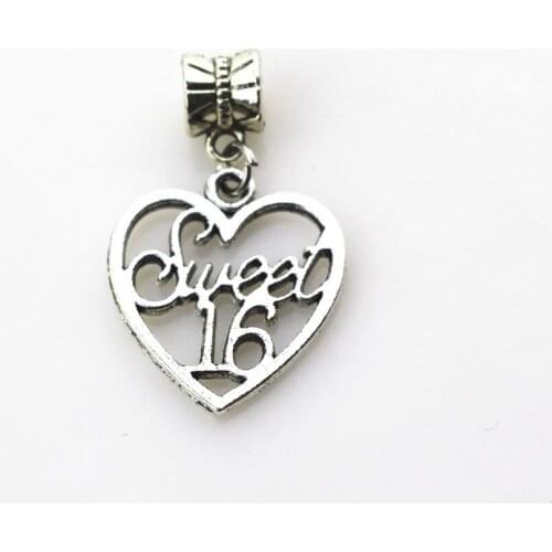 Hot selling 20pcs/lot silver heart sweet 16 dangle charms drop charms for silver Bead Charm big hole pendant diy jewelry