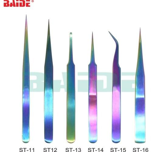 Good Quality Colorful Stainless Steel Titanize Tweezers ST11 ST12 ST13 ST-14 ST-15 ST-16 Titanizing Color Tweezer 400pcs/lot
