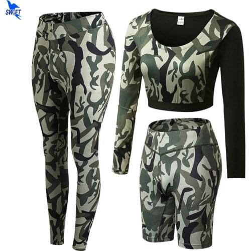 3Pcs Camouflage Yoga Set Leggings+Shorts+Long Sleeve Crop Top Women Running Gym Tracksuit Clothing High Waist Fitness Sport Suit