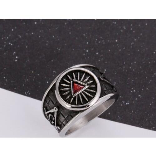 Fashion Retro Religious Style Red Triangle Zircon Inlaid Masonic Ring Mens High Quality Metal Rock Punk Jewelry