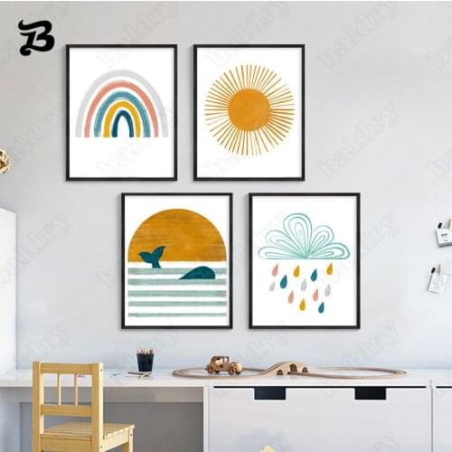 Cartoon Wall Art Canvas Painting Wall Art Nordic Posters and Prints Color Sun Rainbow Weather for Kids Bedroom Home Decoration