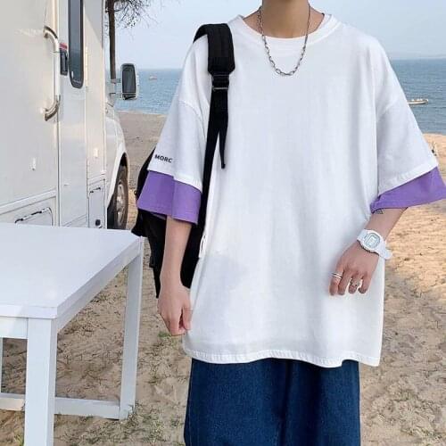 Spring Summer Hot Sale Fake Two-Piece Splicing Mens T-Shirt 2021 New High-Quality Casual Simple Clothes 3/4 sleeve Black Tops