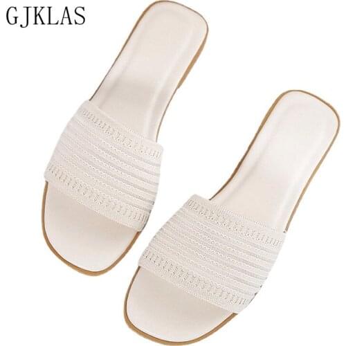 Women Mules Shoes Flats Spring Summer Ladies Slippers Knit Fabric Stretch Slip on Slides Outside Sandals Flat Sandals Woman