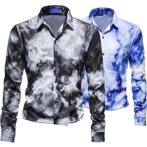 New Mens Cloud Printing Trend Shirt Slim Mens Long-sleeved Shirt Business Casual Shirt