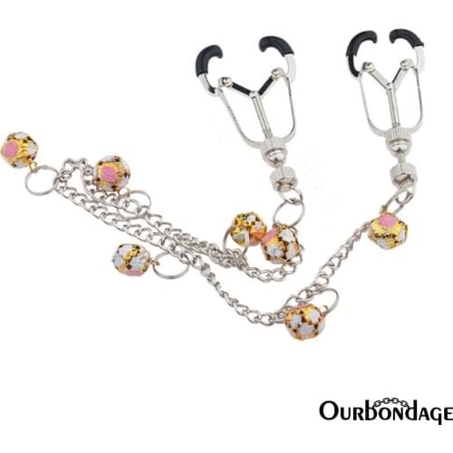 Ourbondage Metal Crab‘s Claw Shape Clover Nipple Clamps Clips With Chains Bells Adult Sex Toys For Women Lesbian