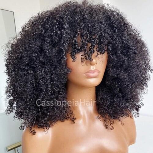 Mongolian Short Afro Kinky Curly Human Hair Wigs with Bangs Afro Kinky Curly Wig Full Machine Made Scalp Top Wig 250 Density