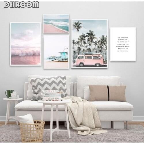 Ocean Landscape Canvas Poster Nordic Style Beach Pink Bus Wall Art Print Painting Decoration Picture Scandinavian Home Decor