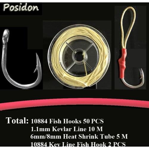Posidon 10884 50P Stainless Steel Jig Assist Fish Hook Jigging Assist Circle Bait Fish Hook Heat Shrink Tube Kevlar Fishing Line