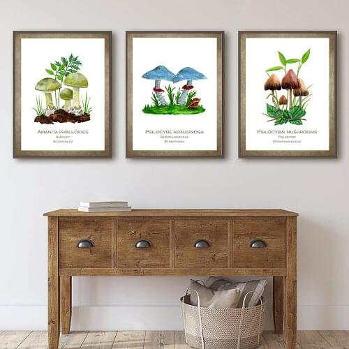 Vintage Magic Mushrooms Canvas Poster Green Tuber Smanita Painting Coppergreen Fungus Prints Research Room Wall Decor Pictures
