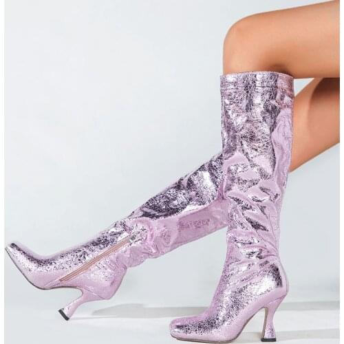 Ladies Mid Calf Boots Strange Style High Heel Platform Sexy Boots Bling Trendy Elegant Solid Color Side Zipper Winter Shoes