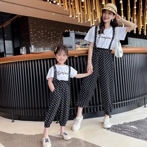 Family Matching Suit for Mother and Daughter Parent-child Short Sleeve T-shirt and Belt Pants Set Sisters Summer Suit Women Sets
