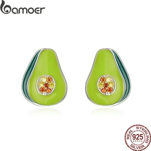 Bamoer Avocado Fruit Silver Stud Earrings Hot 925 Sterling Silver Green Enamel Earring Gift for Girl Party Jewelry SCE1015