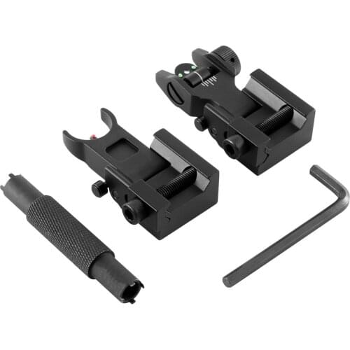 Tactical Hunting Iron Low Flip Up Front & Rear Sight Folding Design Profile Quick Battle Black Rail Sights Set