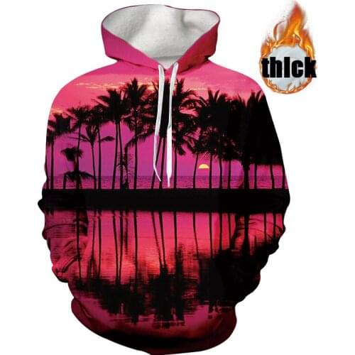 UJWI Sweatshirt For Men 2020 Hot Sale Thick Hoodie Print Sunset beach tree Fashion Streetwear Fitness Mens Sportswear Hoodies