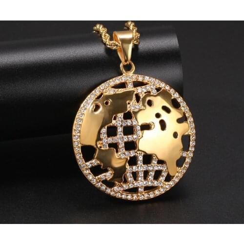 Hip Hop Rhinestones Paved Gold Color Stainless Steel World Map Pendants Necklace for Men Rapper Jewelry Drop Shipping