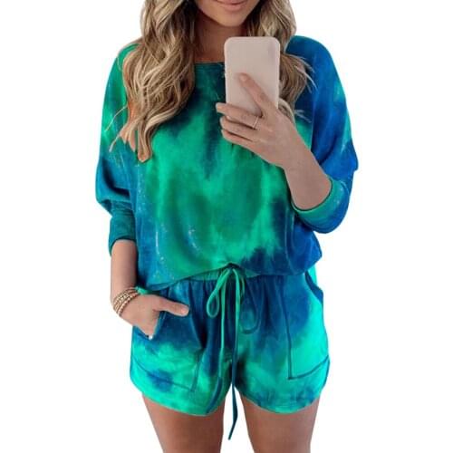 Tie Dye Printed Women Clothing Set Two Piece Long Sleeve Blouses + Shorts Ladies Outfits Fashion Casual Female Clothes Set 2021
