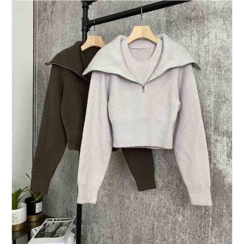 Two Womens Piece Fake Sweater Turn-Down Zipper Collar Casual Knitted Pullover Warm Fashion Women Short Tops