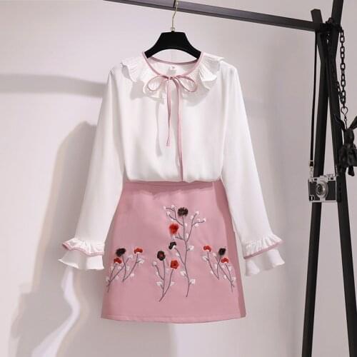 Vintage 2 Piece Set Women 2020 New Korean Ruffles Flare Sleeve White Blouse Shirt Mini Skirts Sets Sweet Cute WomenS Suit Dress