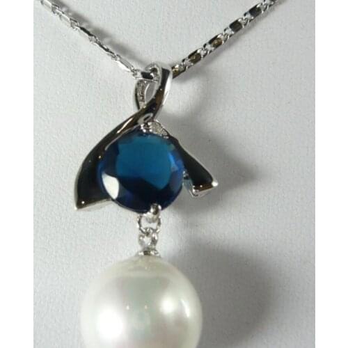 Womens fashion temperament gold plated Blue Zircon + Round White Shell Pearl Pendant Necklace