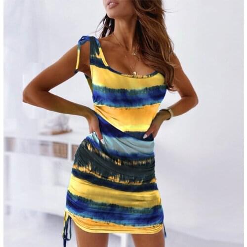 Summer Dress Women Square Collar Sexy Lace-Up Sleeveless Slim Party Drawstring Draped Mini Dress Fashion Tie-Dye Bodycon Dresses