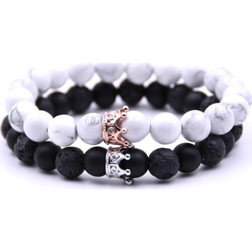 2Pcs/Set Bracelet Men Women White Beads CZ Crown King&Queen Charm Couple Bracelet for Lovers Jewelry Gift