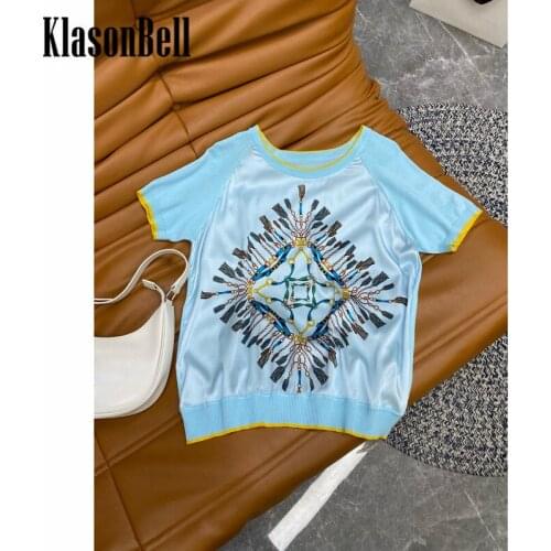 7.5 KlasonBell Silk T-Shirt Women Fashion Patchwork Print Comfortable Tee