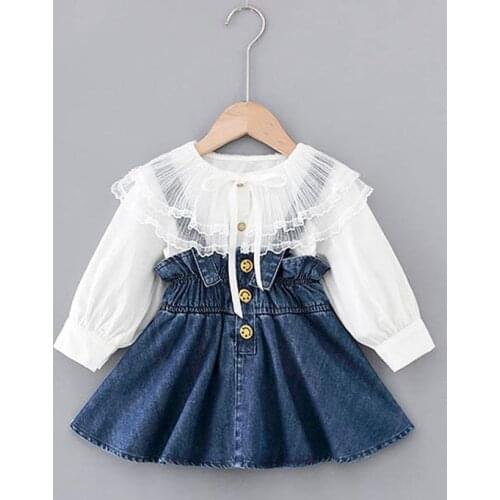 Free shipping 2021 2pcs Fashion Girls Clothing Set Spring Baby Girls Clothes sets Lacework Shirt+ Denim Vest Dress girls suit