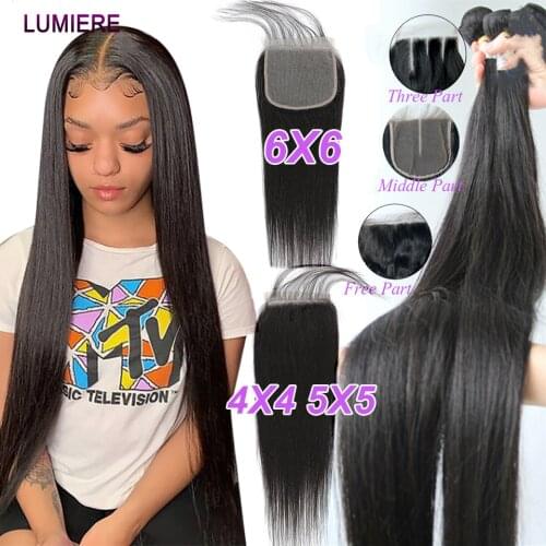 30 38 40 inch Bone Straight Human Hair 3/4 Bundles With Closure 6X6 5X5 HD Lace Closures With Bundles Remy Hair Extension