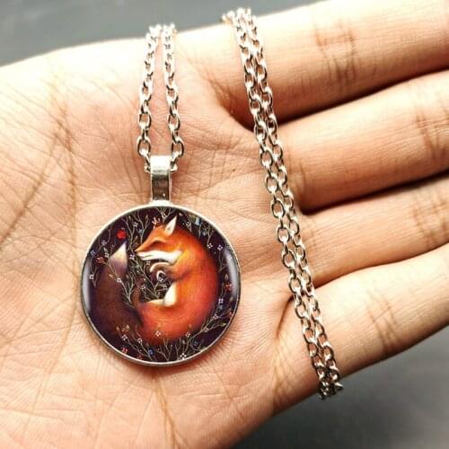Sleeping Little Orange Fox Alloy Pendant Necklace Girl Round Statement Necklace Girl Clothes