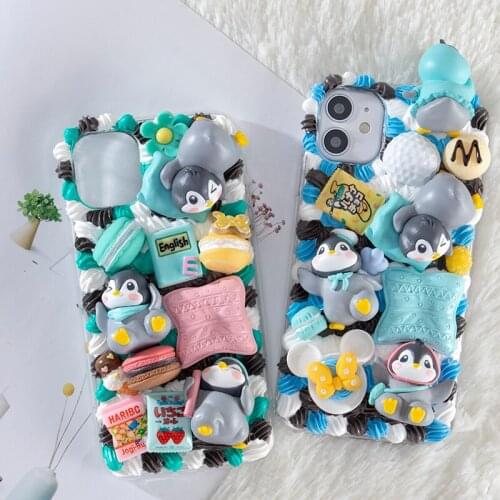 Handmade Case For iPhone 11 12 pro max Kawaii penguin 12mini Customized phone Cover ip 6s 7/8 plus 3D DIY cream shell XR XS MAX
