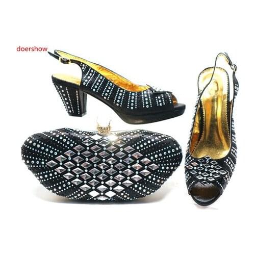 Doershow very nice black shoe with matching bag best selling ladies matching shoe and bag Italy shoe and bags for party!STB1-6