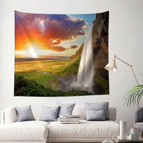 Pretty Waterfall Tapestry Waterfall Mountain Scenery Wall Hanging Tapestries Home Decor Wall Background Cloth Blanket Picnic Mat
