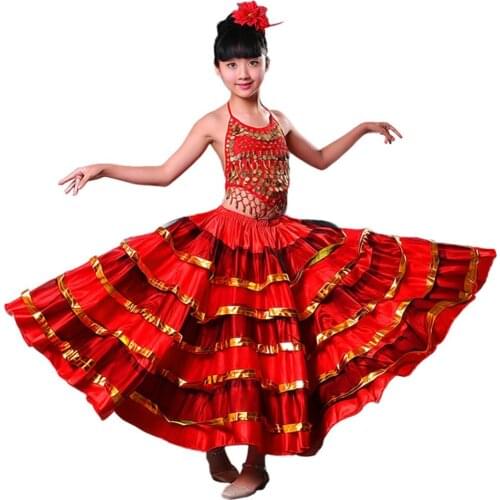 Girls Red Belly Dance Dress Spanish Flamenco Costume Ballroom Tribal Dress With Head Flower