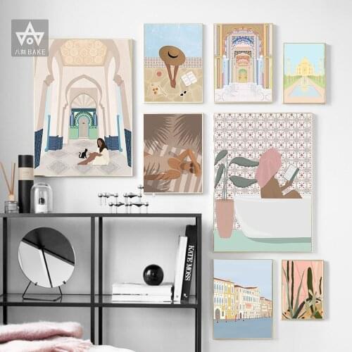 Morocco Patrika Gate Painting on Canvas Taj Mahal Posters and Prints summer Swimming pool Woman Wall Art Pictures for Bedroom