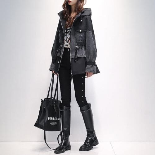 Spring Plus Size 4XL Patchwork Denim Women Coats Long Sleeve Hooded Zipper Drawstring Female Coat Streetwear Casual Lady Outwear